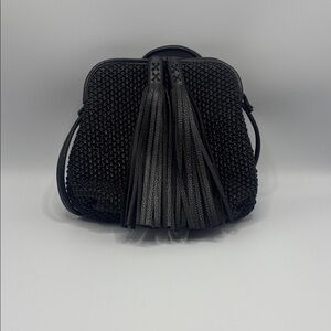 Chico's Elegant Black Woven Crossbody Bag with Tassels
